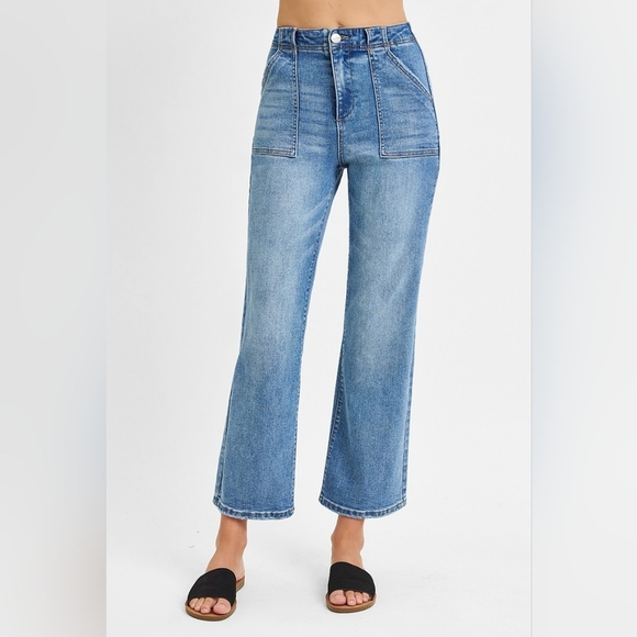 RISEN High-Rise Bootcut Cropped Ankle Mom Jeans 90s Patch Pocket Denim Pants - Picture 8 of 13